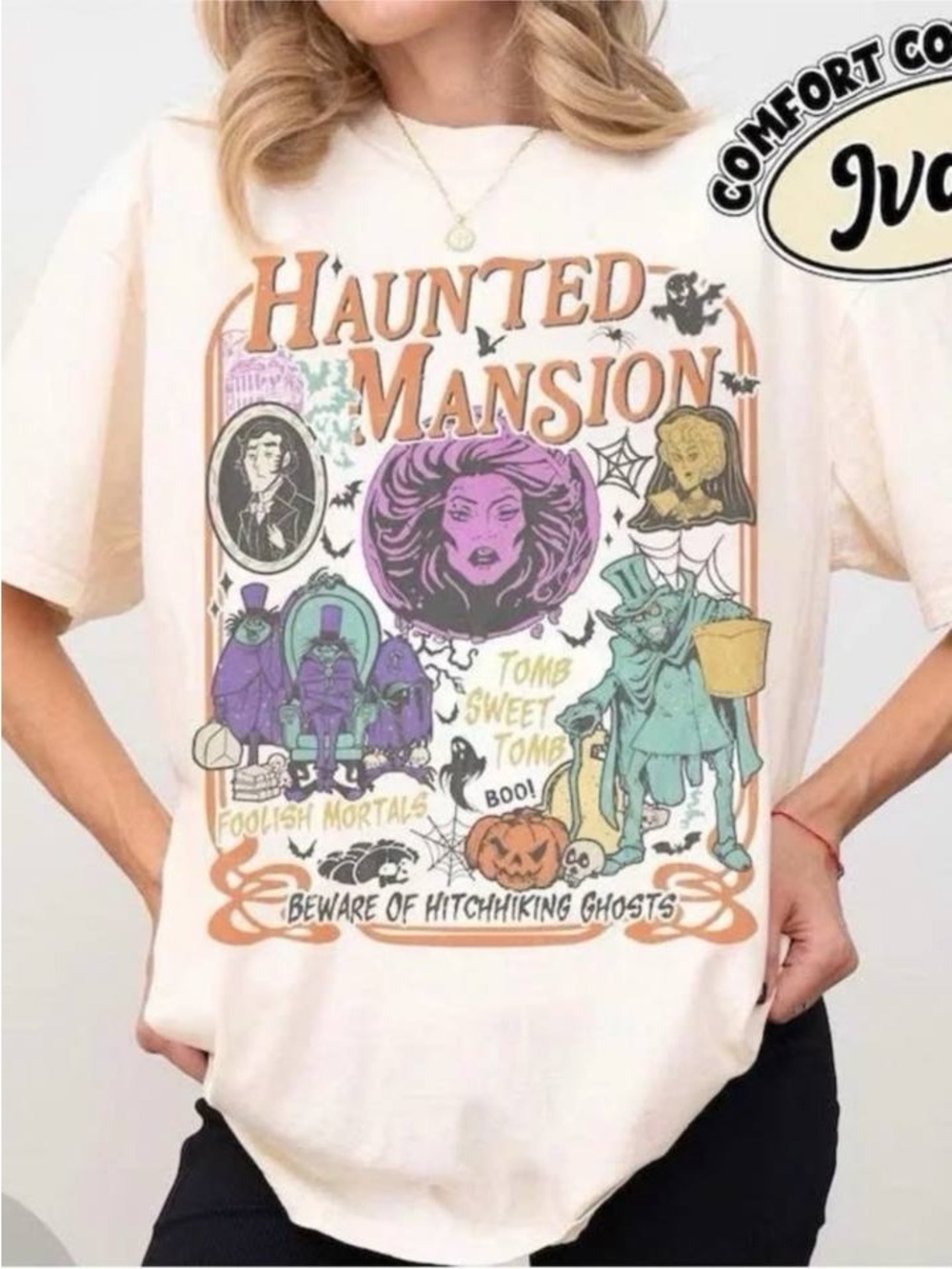 Comfort Colors Haunted Mansion Graphic Tee - Ivory with Purple & Teal Accents